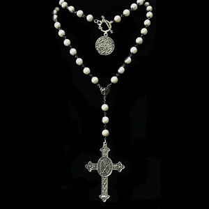 Cross of Saint Benedict White Turquoise Necklace by Whispering Goddess