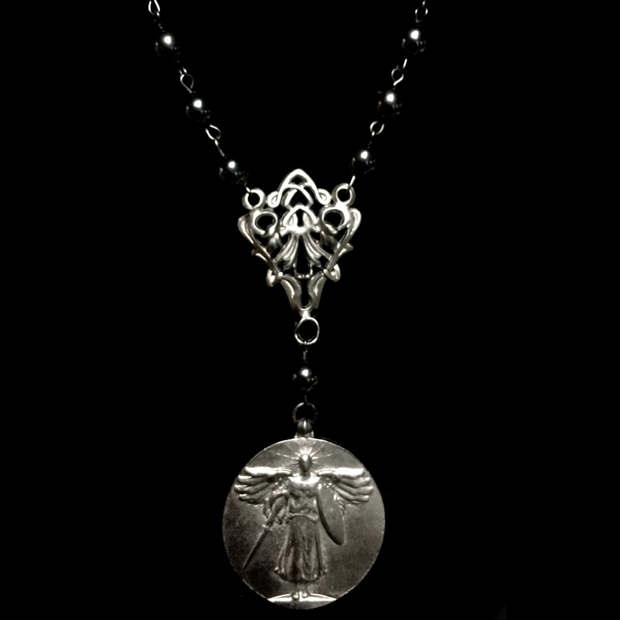 Sword of Light Saint Michael Victory Medal Necklace Hematite & Gunmetal by Whispering Goddess
