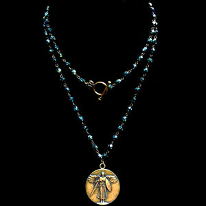 Bronze St. Michael Medallion on Leopardito Hematite Crystal Necklace 36" by Whispering Goddess