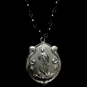Art Nouveau Madonna Divine Thread Necklace in Hematite and Gunmetal by Whispering Goddess