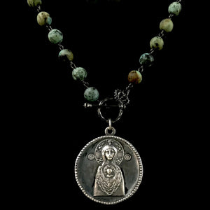Wisdom of the Ages Theotokos and Saint Gabriel Necklace in African Turquoise - Sterling Silver