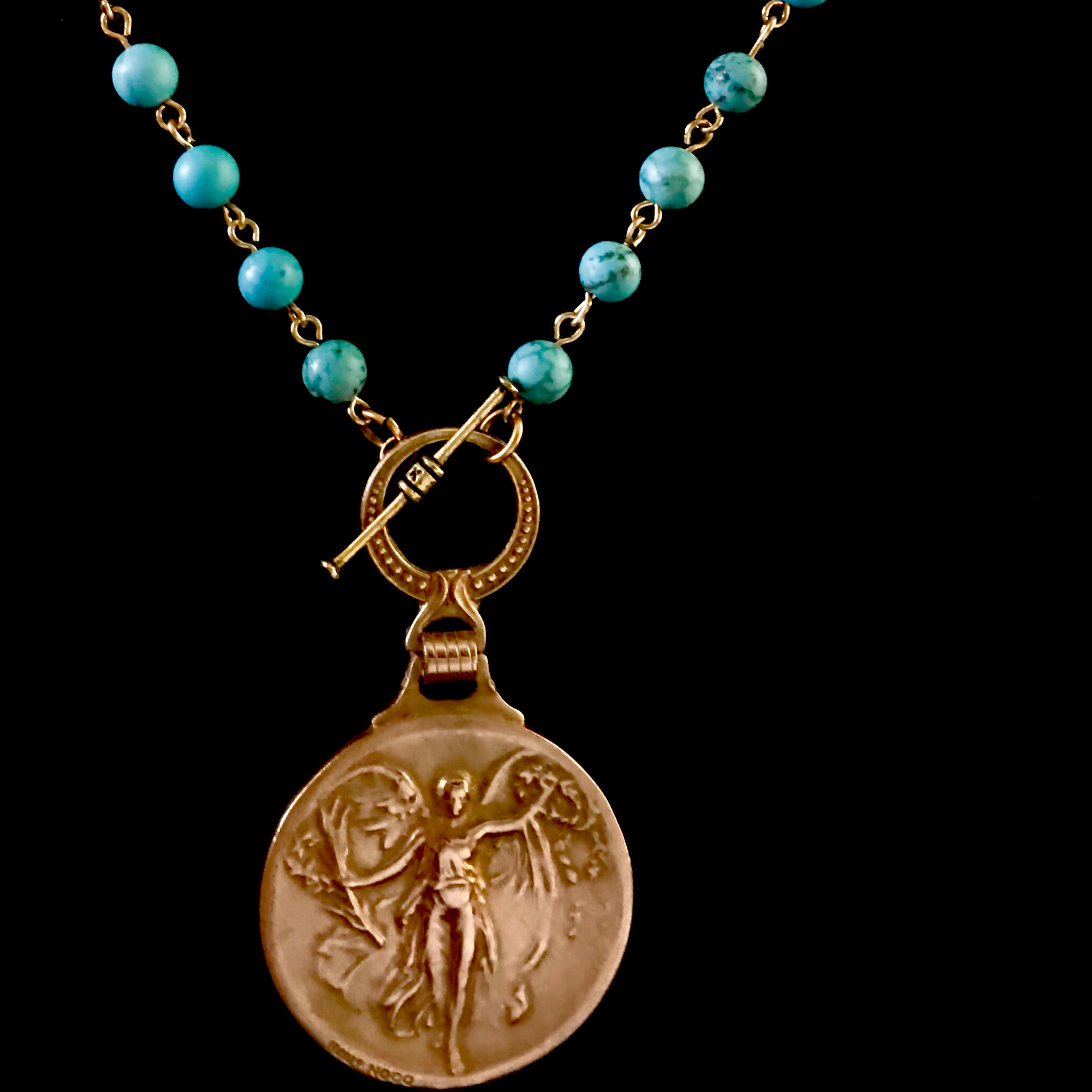 Nike the Goddess of Victory Turquoise and Gold Necklace