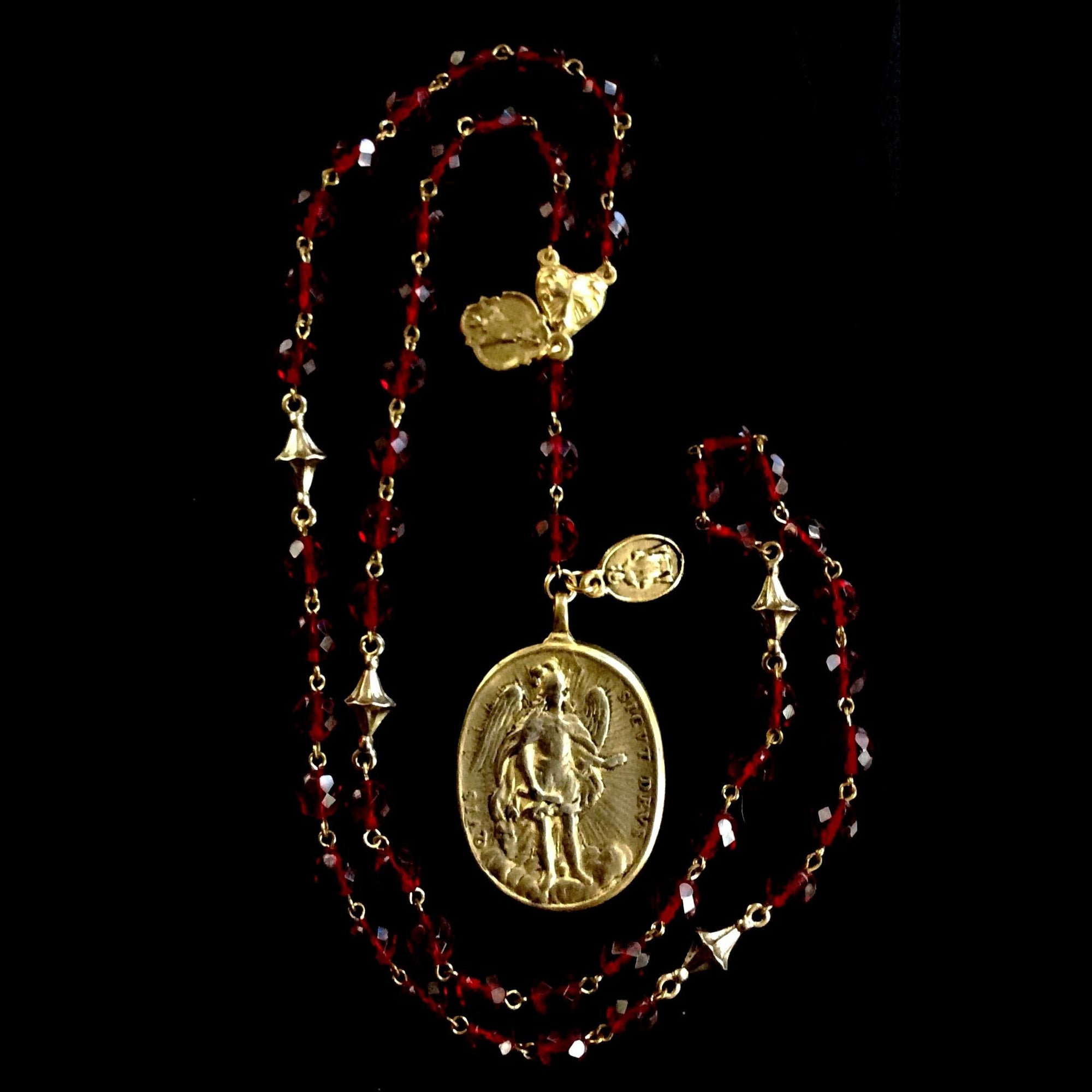 Cristo Rey Rosary Necklace with Saint Michael & Guadalupe in Garnet & Gold