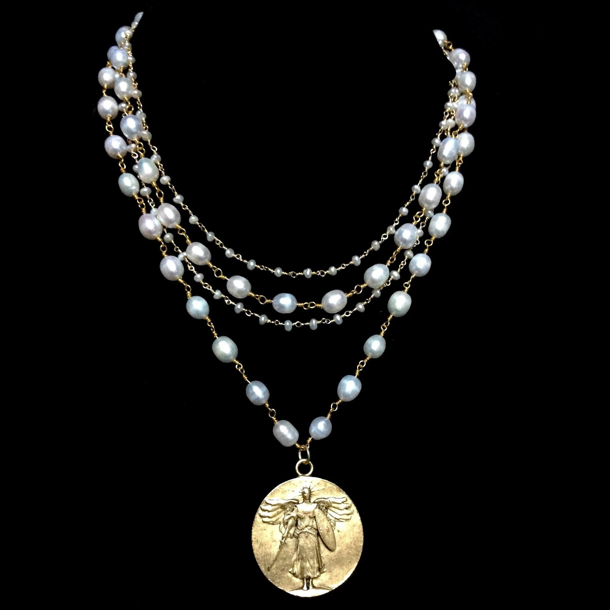 Sophia Freshwater Pearl Saint Michael Necklace in Gold by Whispering Goddess