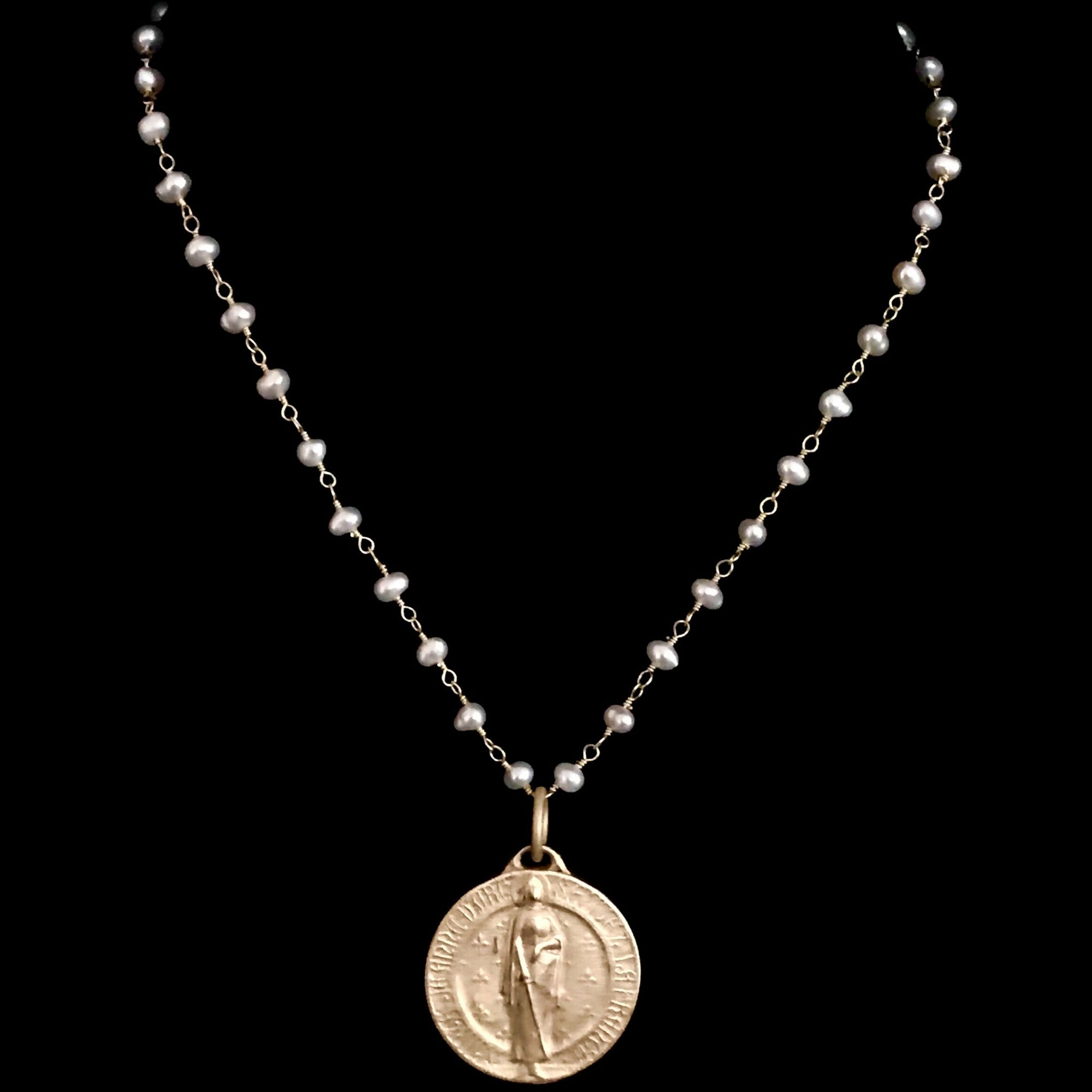 Saint Joan of Arc  Freshwater Pearl  Necklace in Matte Gold