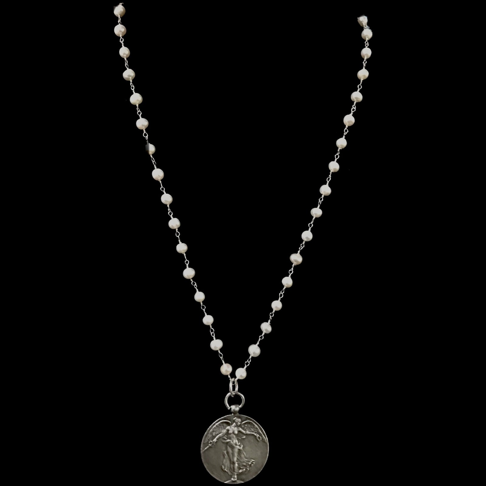 Peace Angel Single Strand Freshwater Pearl Necklace 17" Silver