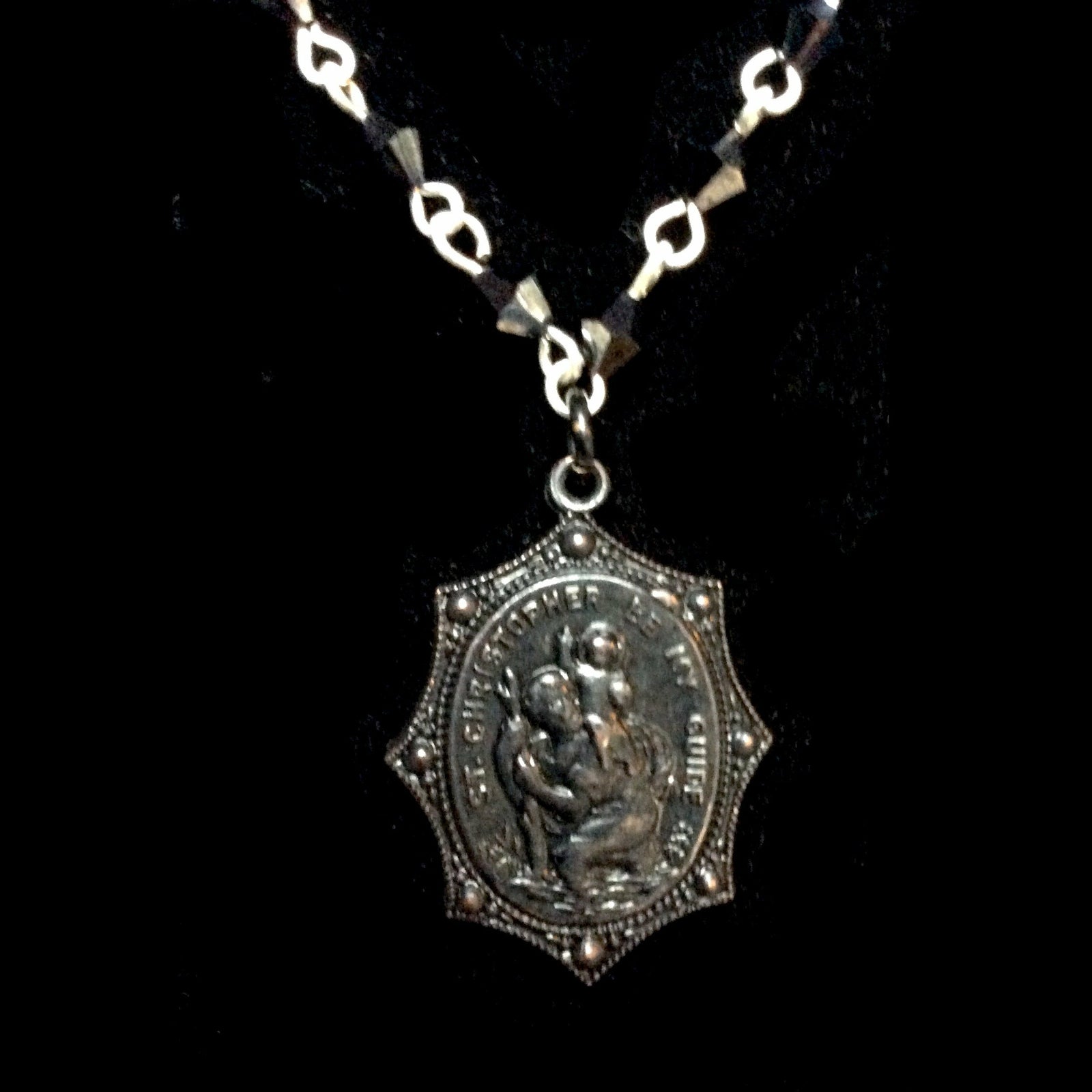 Forgotten Graces Black Saint Christopher Medal in Bicone Hematite and Silver Necklace