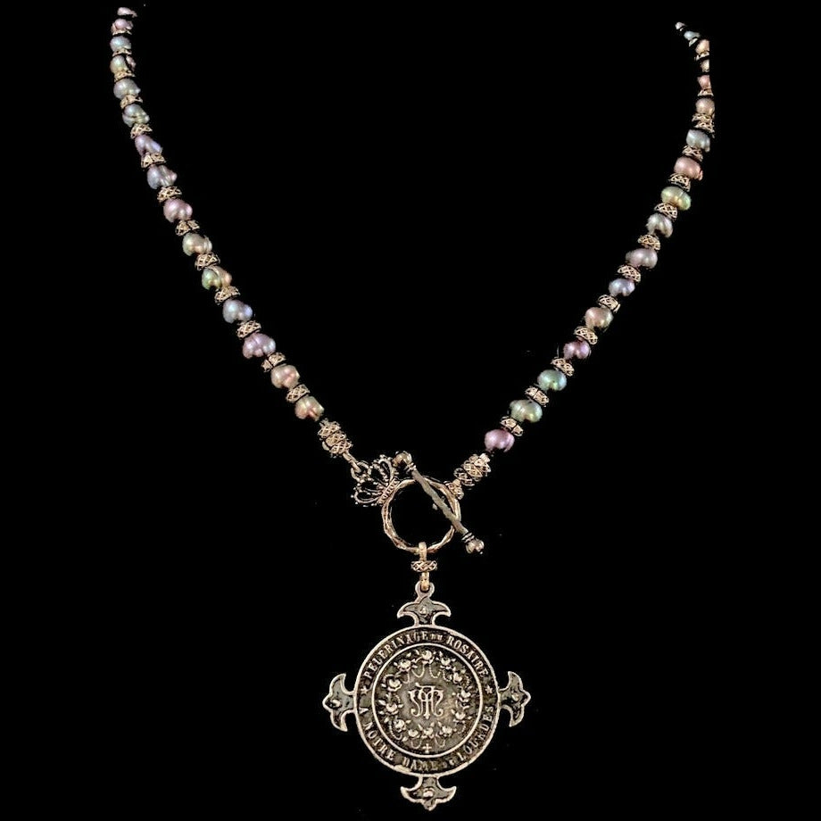 Essential Lourdes Illumination Medal  in Peacock Pearls Necklace by Whispering Goddess