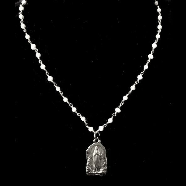 Our Lady of Lourdes Freshwater Pearl and Silver Necklace by Whispering Goddess