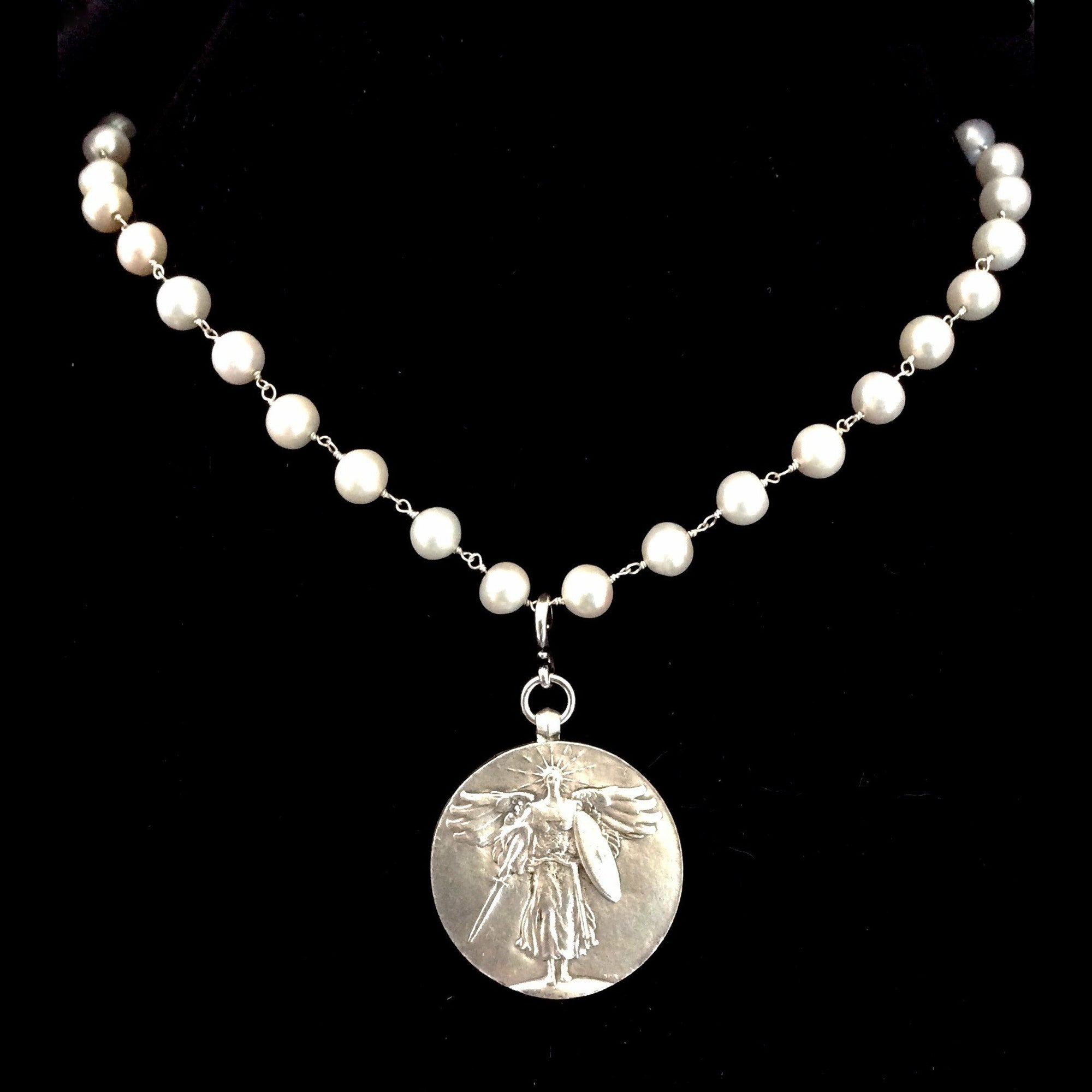 Saint Michael Medallion on Freshwater Pearls 17" by Whispering Goddess
